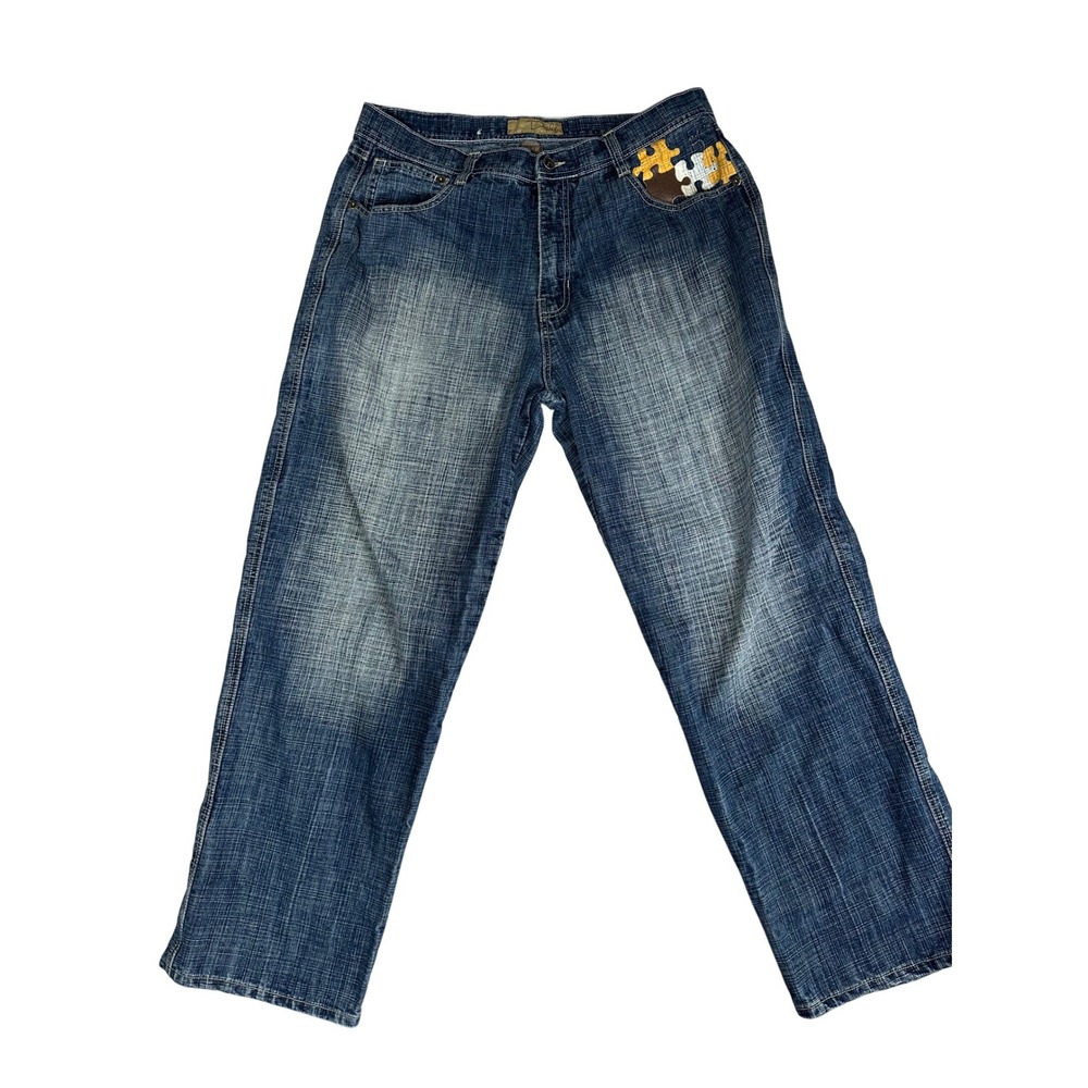Delf‎ Vintage Mens Denim Jeans Blue Puzzle Piece Applique Accent Size 36
